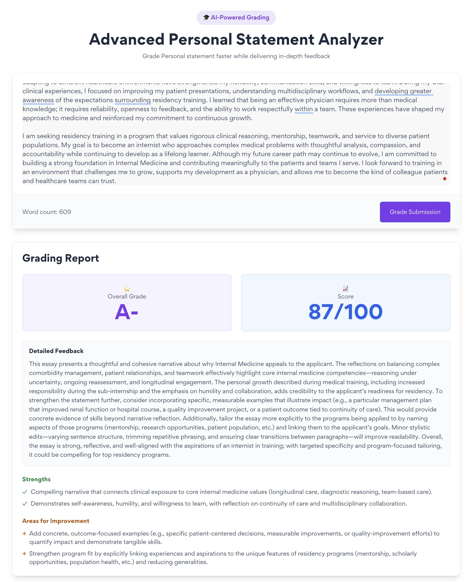 Advanced Personal Statement Analyzer interface
